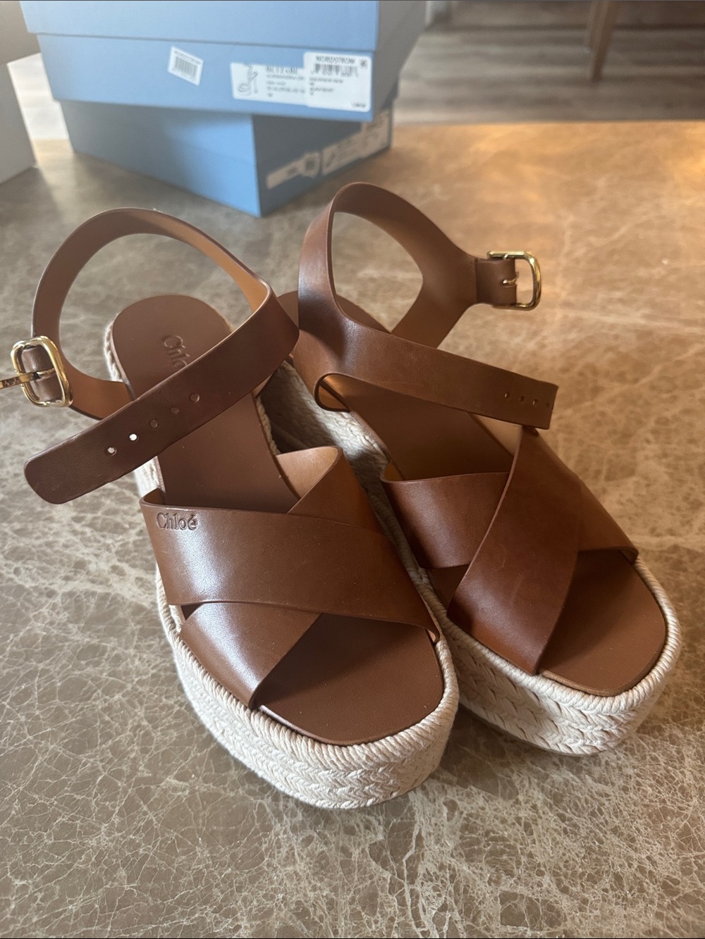 Chloe Brown Leather Espadrille Platform Sandals